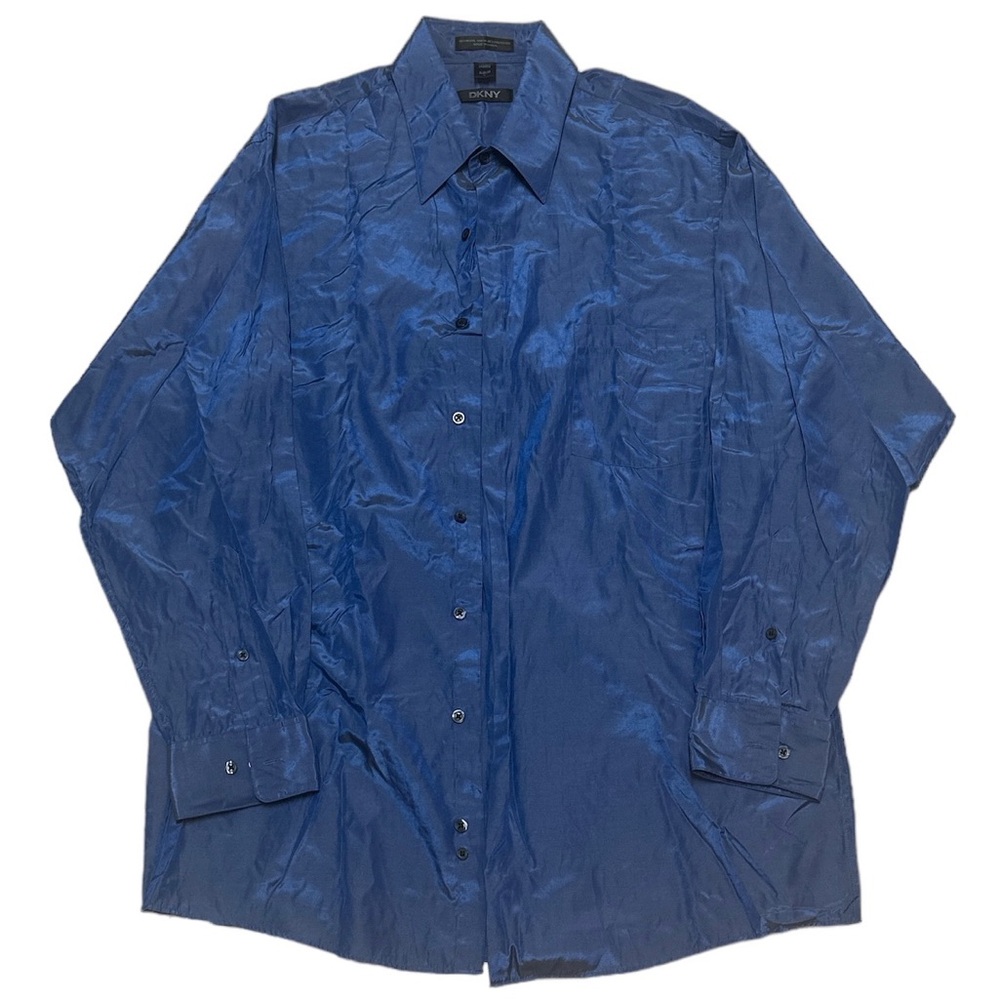 (SOLD) DKNY Men’s Button Up L 16 32/33 Blue Modal Rayon Polyester Long Sleeve